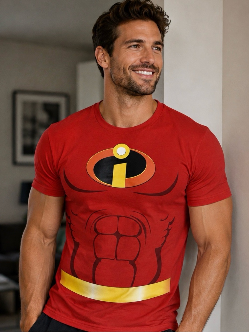 Disney Pixar Mr. Incredible Red Themed Graphic Men’s T-Shirt w/ Black Hero Mask